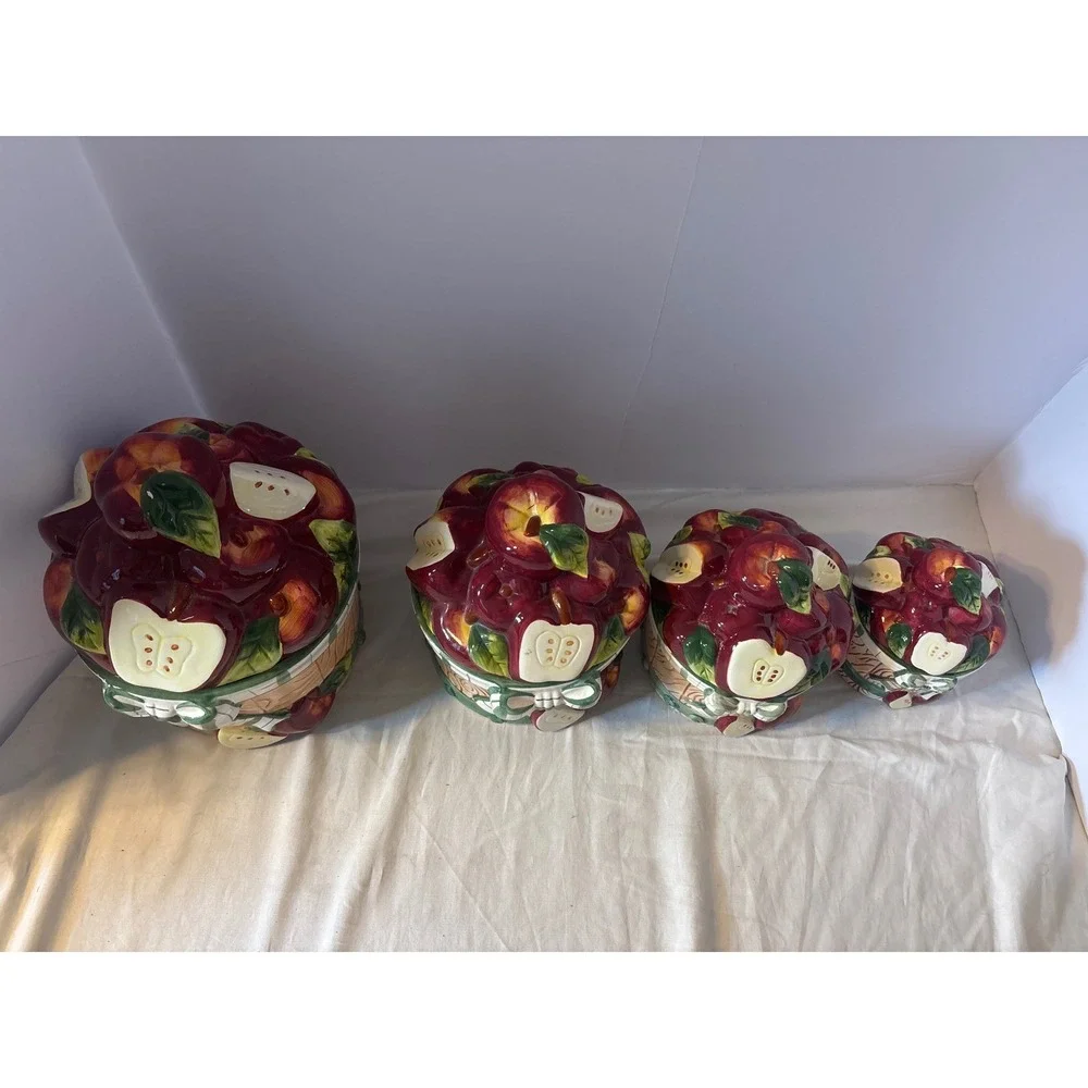 Apple Basket Canister Set 4 Piece Red Ceramic Farmhouse Kitchen‎ Decor Excellent